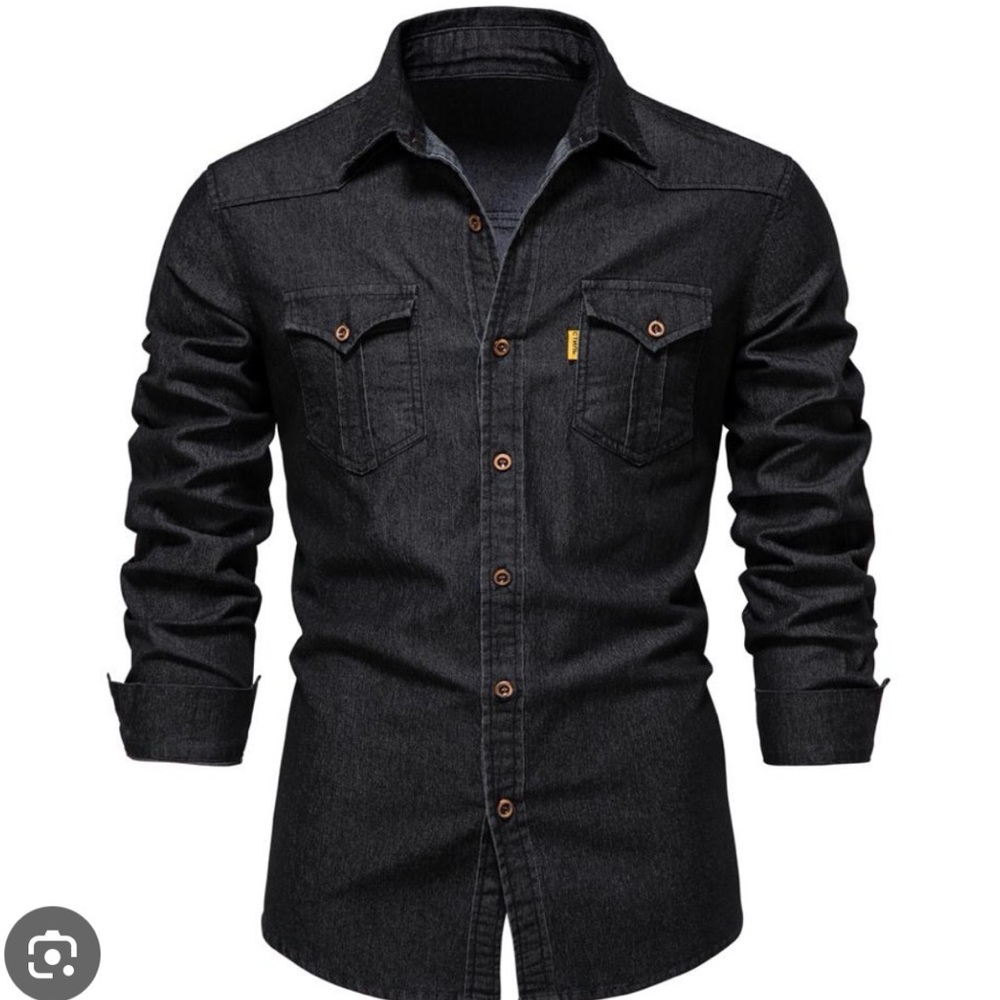Men's Black Casual Button-Down Shirt - Classic Denim Style